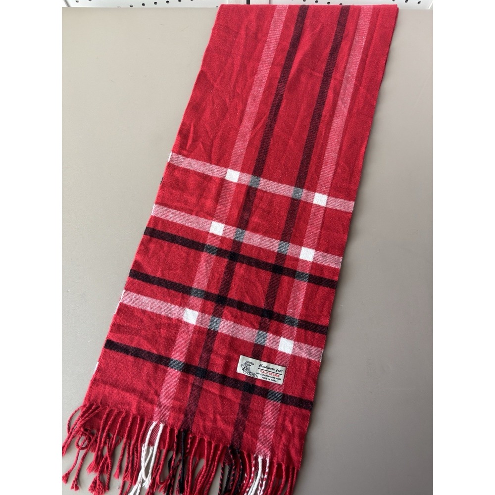 Cashmere Feel Italy Design Red‎ White Black Plaid Fringe Scarf
